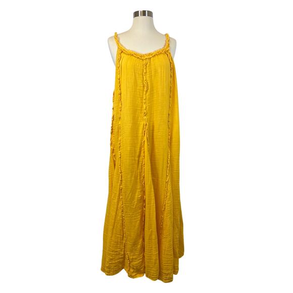 Free People McKinley Gauze Ruffle Flowy Maxi Dress Banana Yellow Women's  L NWT - Picture 5 of 11